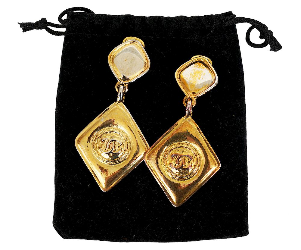 Appraisal: Chanel Signature Gold Drop Dangle Clip Earrings Wonderful vintage Chanel