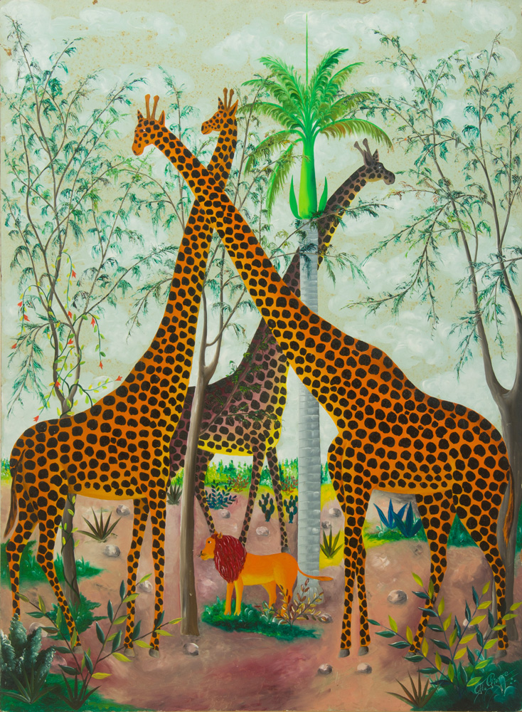 Appraisal: FERNAND PIERRE - THREE GIRAFFES AND A LION Oil on