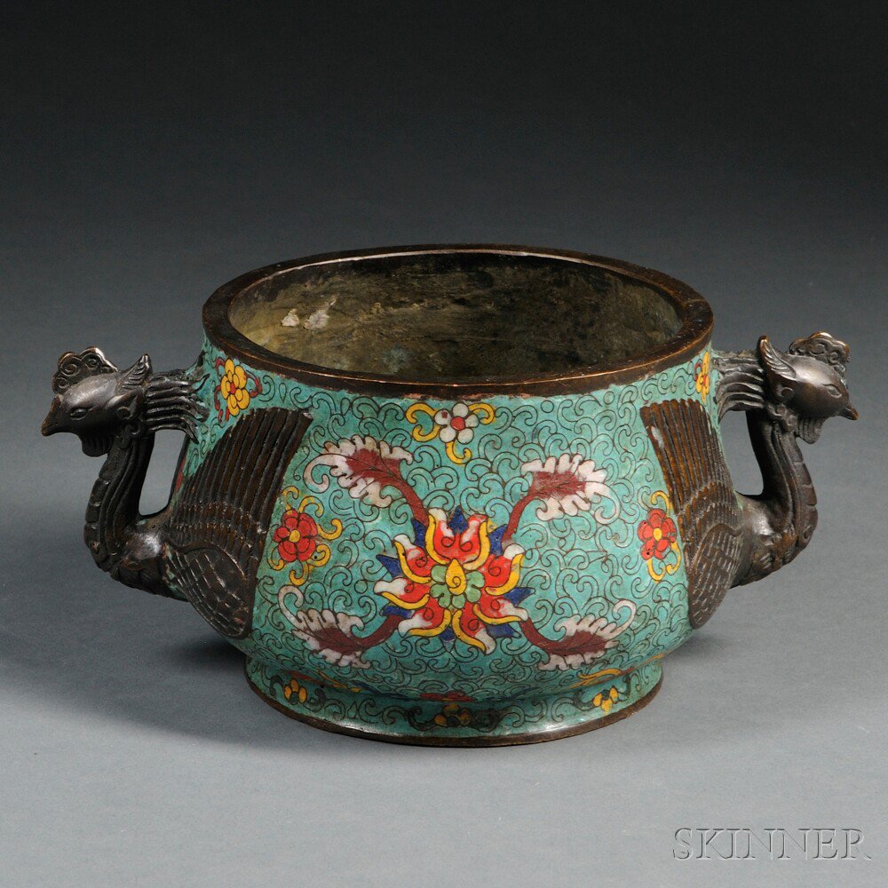 Appraisal: Champleve Bronze Censer with Phoenix Handles China the ovoid body