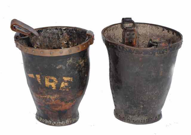 Appraisal: TWO ANTIQUE LEATHER COPPER BOUND AND RIVETED FIRE BUCKETS with