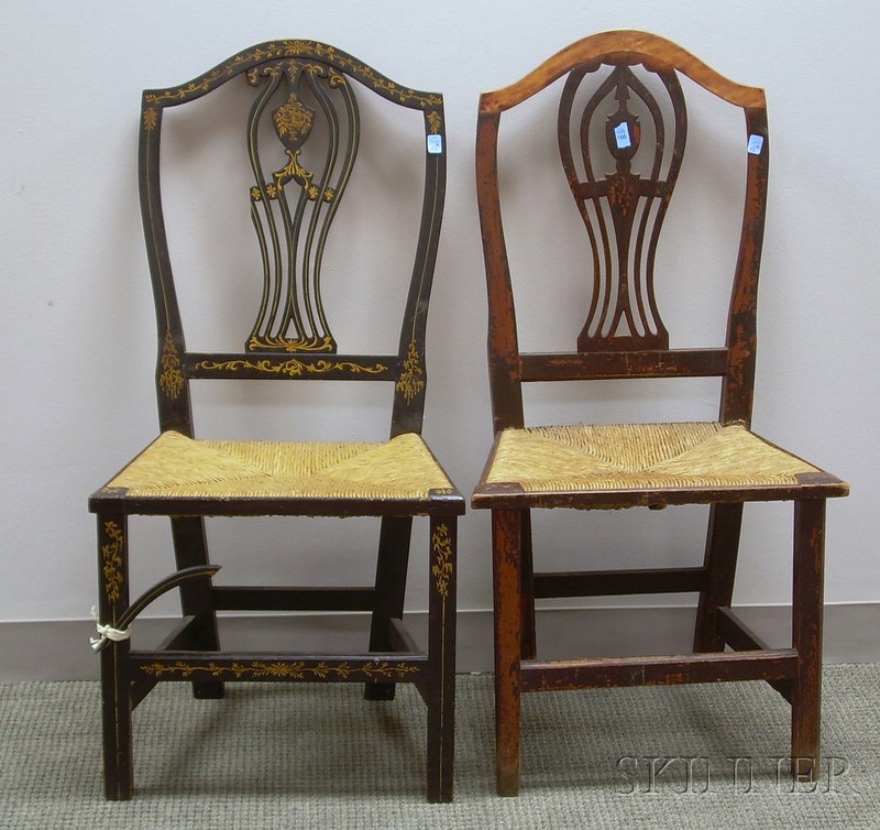 Appraisal: Two Black-painted and Gilt Decorated Federal Side Chairs with Woven