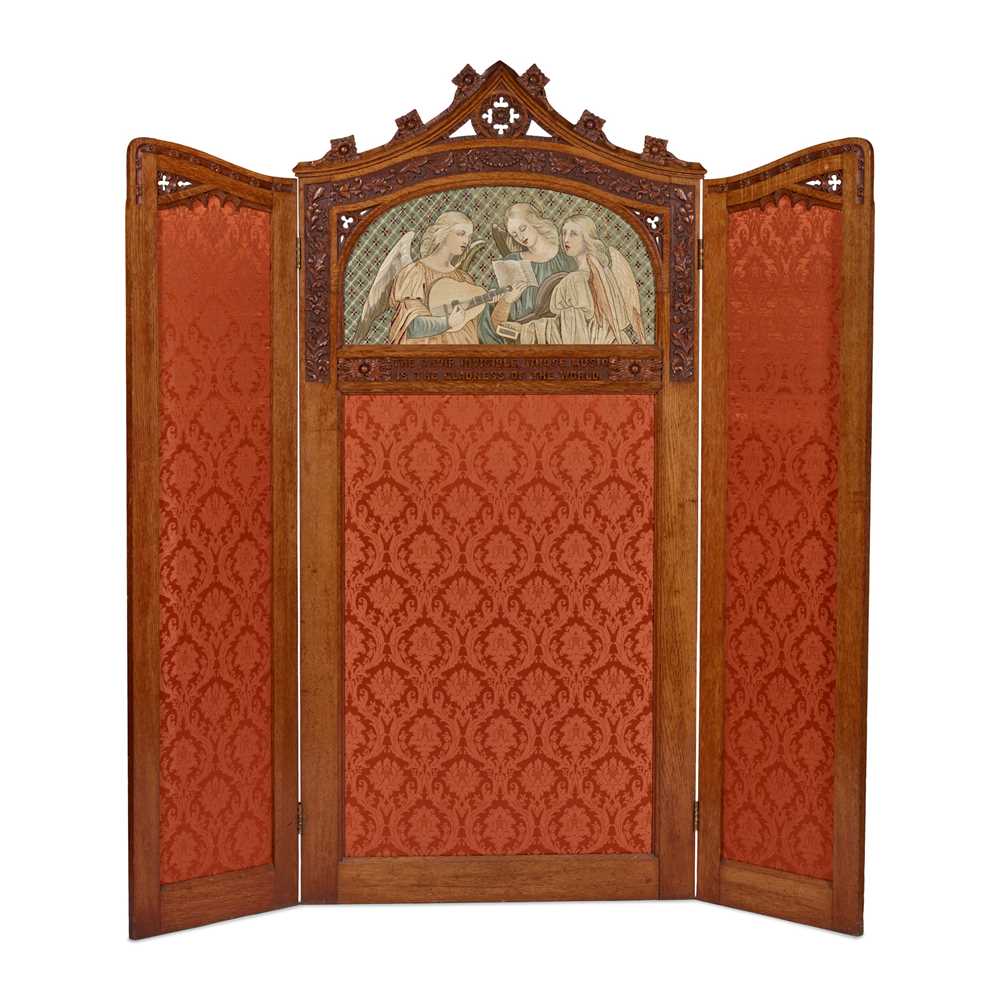 Appraisal: ENGLISH GOTHIC REVIVAL THREE-FOLD SCREEN CIRCA oak with silk damask