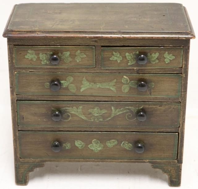 Appraisal: EARLY TH C DRAWER MINIATURE CHEST AMERICAN PINE WITH PAINTED