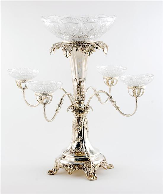 Appraisal: Silverplate and crystal epergne scalloped and cut decorated center bowl