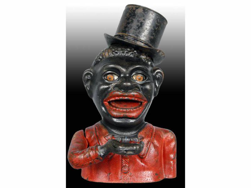 Appraisal: Jolly Black Man Cast Iron Mechanical Bank Description Replaced base