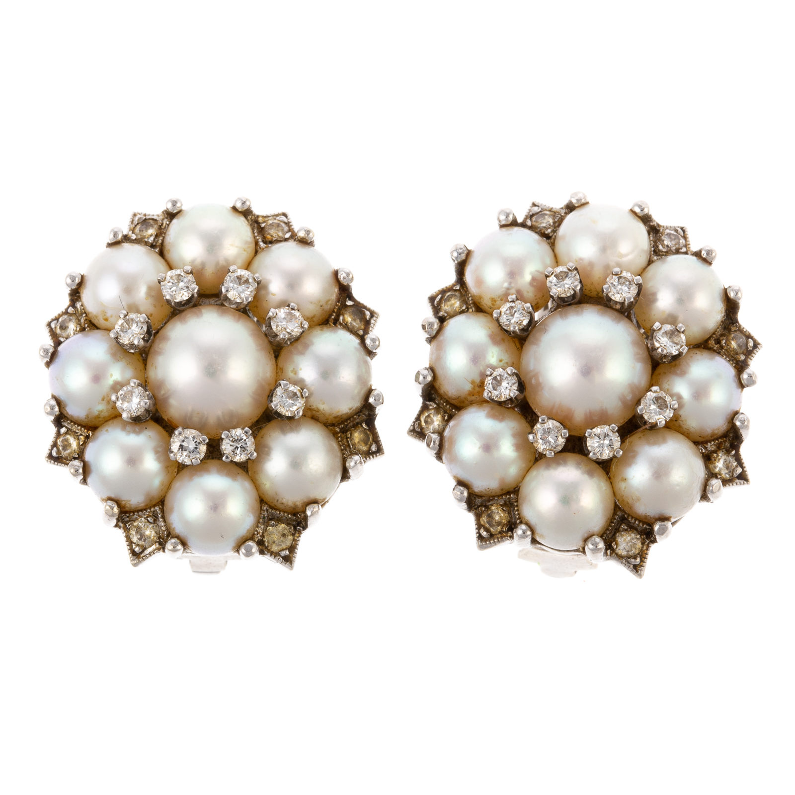 Appraisal: A PAIR OF MID-CENTURY K PEARL DIAMOND EARRINGS K white