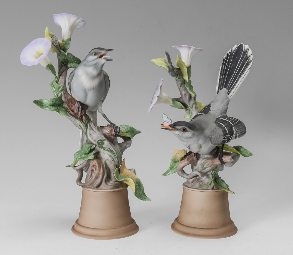 Appraisal: PAIR BOEHM PORCELAIN BIRD SCULPTURES Mockingbirds '' h Limited edition