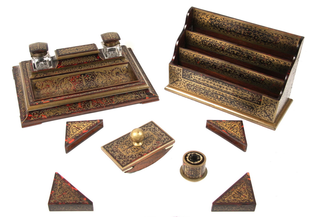 Appraisal: PC BOULLE DESK SET - Fine Quality English Eight-Piece Boulle