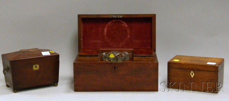 Appraisal: Three English Mahogany Veneer Tea Caddies including a casket-form with