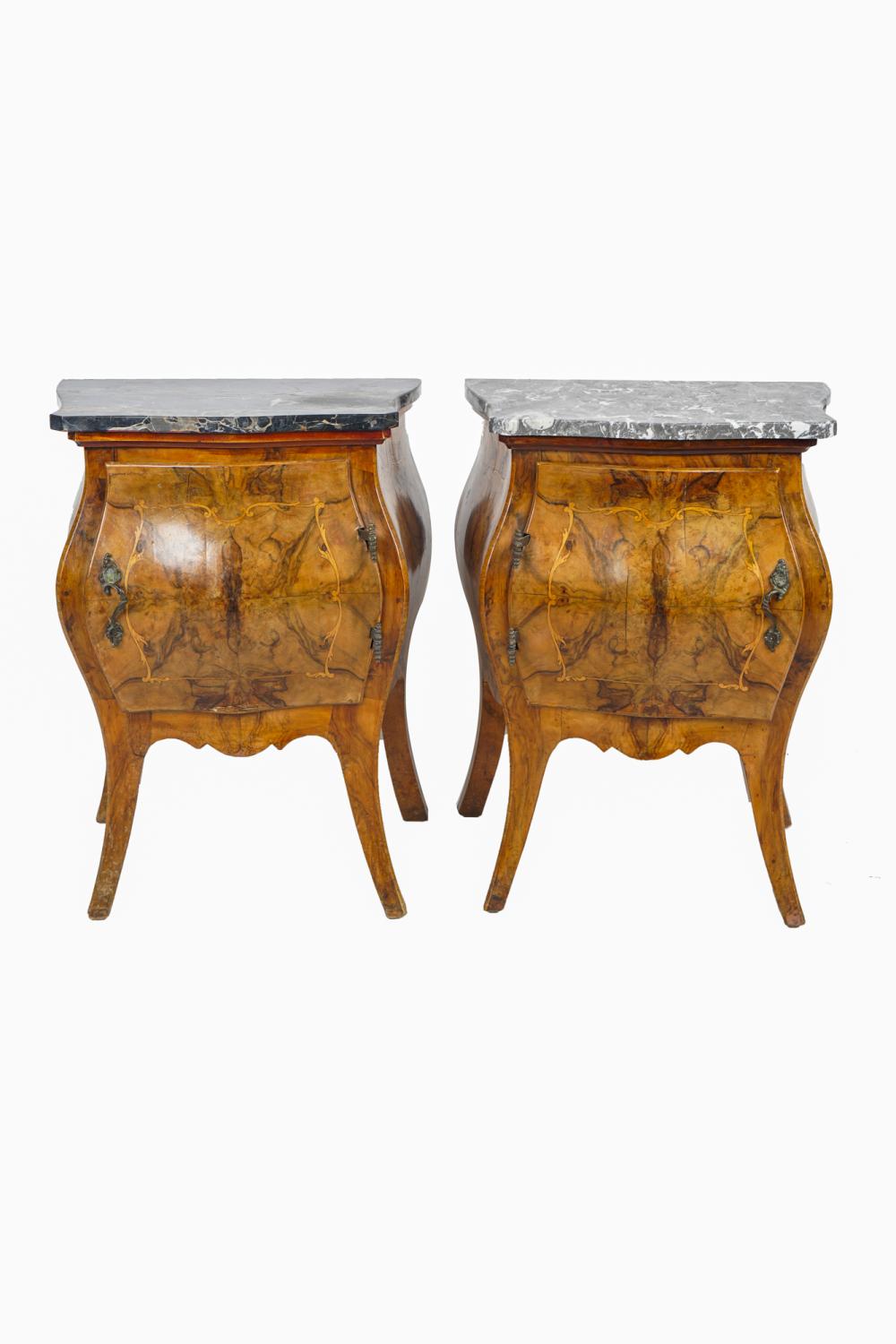 Appraisal: PAIR OF ITALIAN ROCOCO STYLE BURL WALNUT COMMODESeach with grey