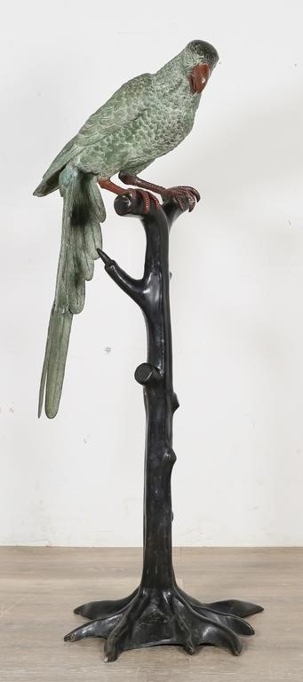 Appraisal: LARGE PATINATED BRONZE PARROT ON STANDPatinated bronze parrot on stand