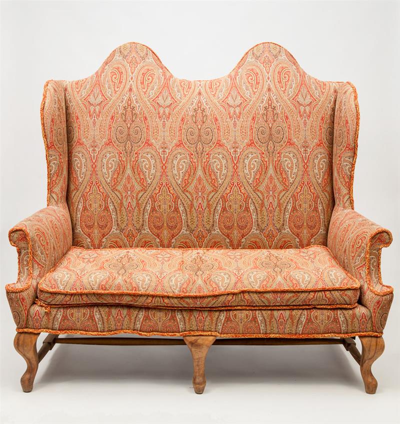 Appraisal: Queen Anne Style Paisley Upholstered Double-Chair-Back Settee ft in x