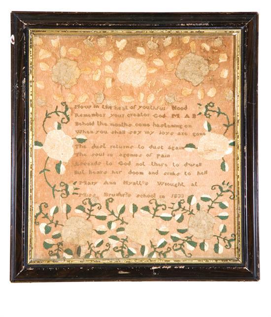 Appraisal: SAMPLER Mary Ann Hyatt Miss Bruner's School probably American silk