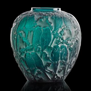 Appraisal: LALIQUE Perruches vase green glass LALIQUE Perruches vase France des