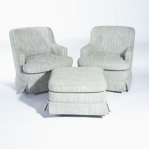 Appraisal: DUNBAR Pair of diminutive armchairs with matching ottoman upholstered in