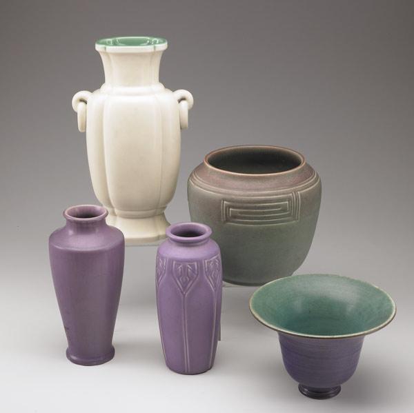 Appraisal: ROOKWOOD Five Production vases including a jardiniere Bruise to foot