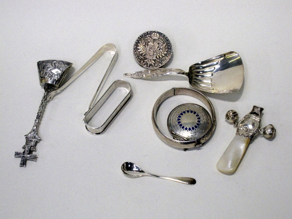 Appraisal: Mixed lot of silver items compact caddy spoon baby rattle