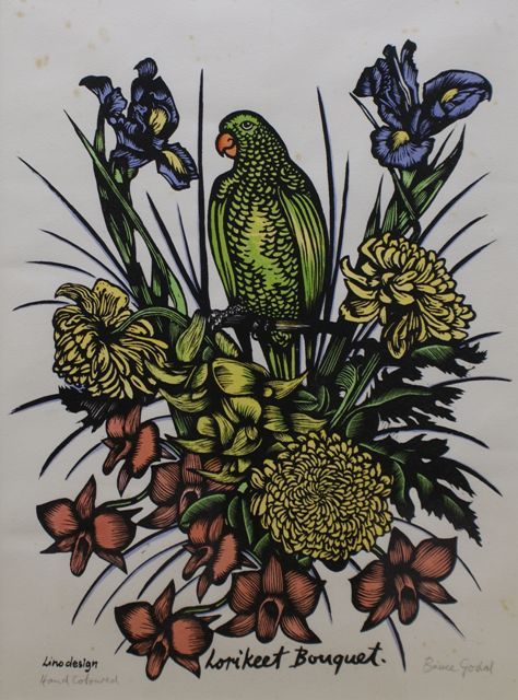 Appraisal: Bruce Gould working s Lorikeet Bouquet hand coloured lino cut