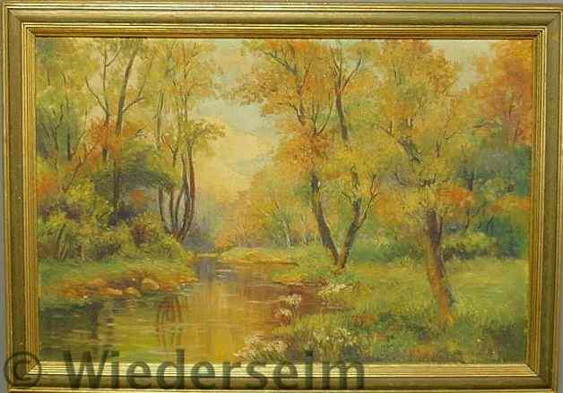 Appraisal: Oil on canvas landscape painting of a stream in early