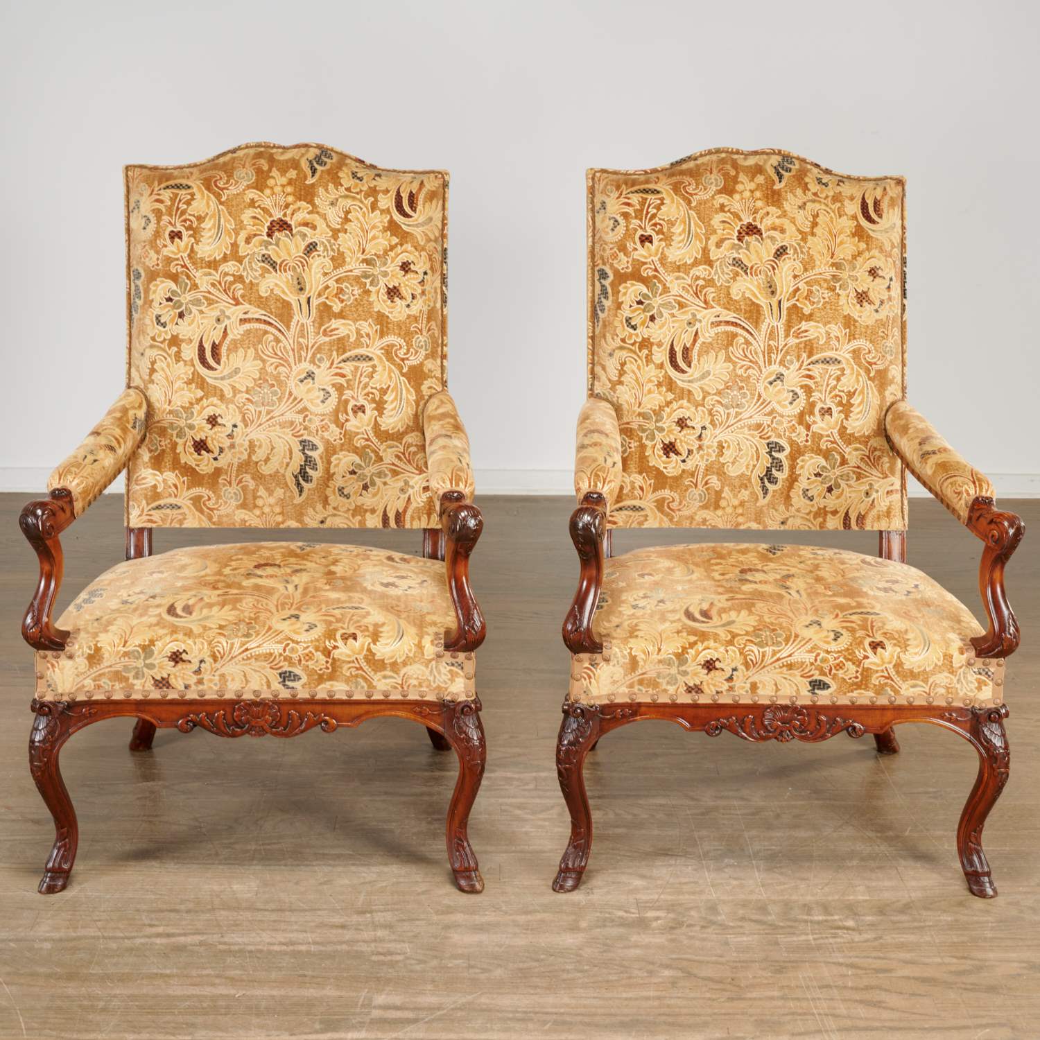 Appraisal: PAIR REGENCE CARVED WALNUT FAUTEUILS A LA REINE th c