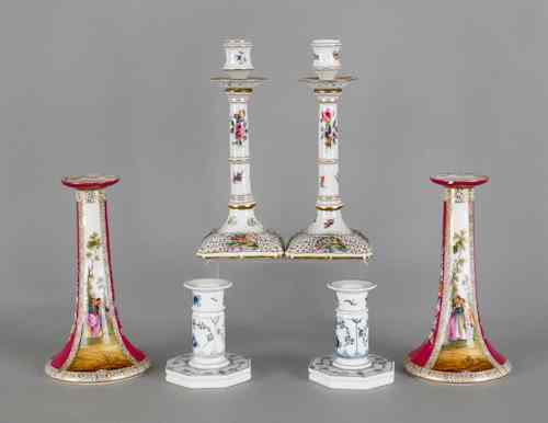 Appraisal: Three pairs of porcelain candlesticks th th c to include