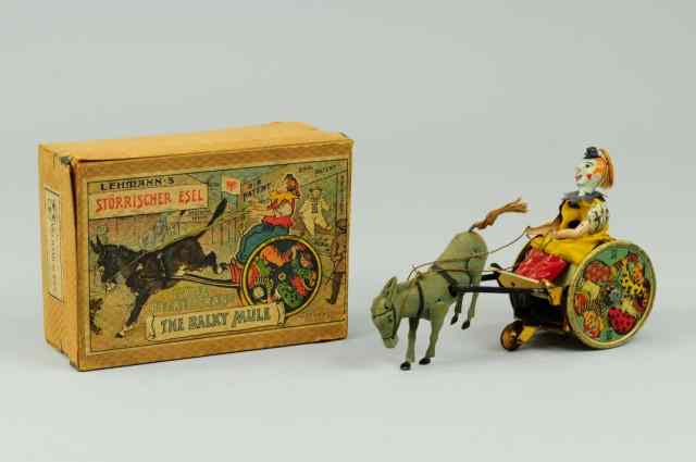 Appraisal: BALKY MULE Lehmann Germany boxed example lithographed tin seated clown