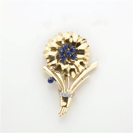 Appraisal: Gold Sapphire Bead and Diamond Flower Clip-Brooch Estimate -