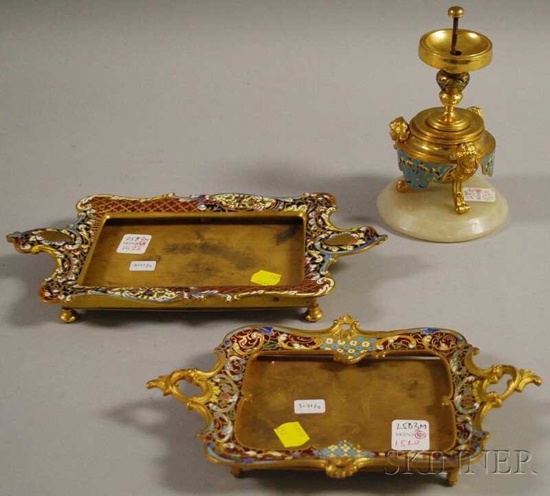 Appraisal: Champleve Stand and Two Trays stand on white hardstone base