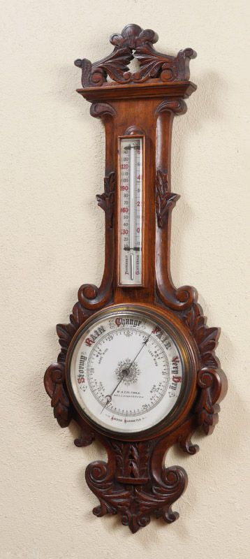 Appraisal: VICTORIAN CARVED WALNUT COPLMAN ANEROID BAROMETER Nicely carved walnut banjo