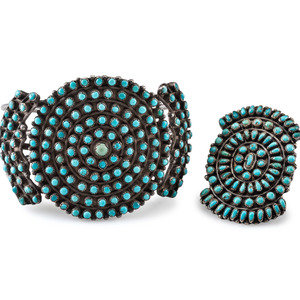 Appraisal: Zuni Silver and Petit Point Turquoise Cluster Cuff Bracelet PLUS