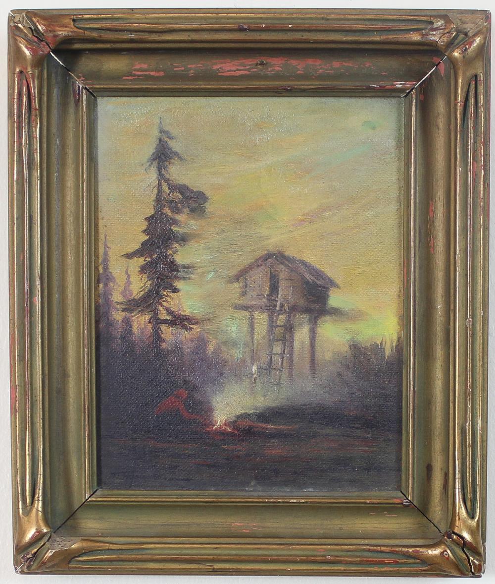 Appraisal: ALASKAN FOOD CACHE OIL ON CANVAS a figure with a