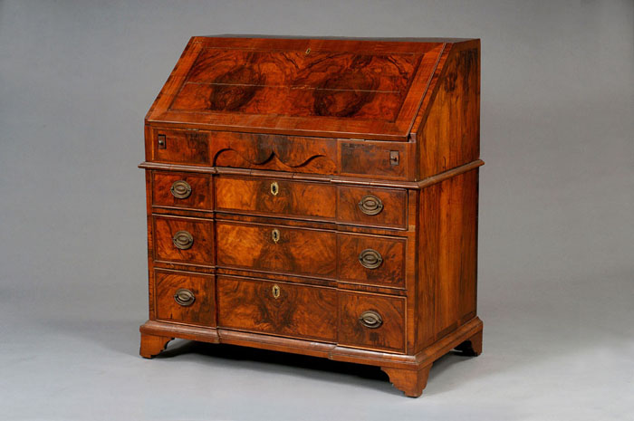 Appraisal: FIGURED WALNUT VENEER SIMULATED BLOCKFRONT SLANT-LID DESK IN THE STYLE