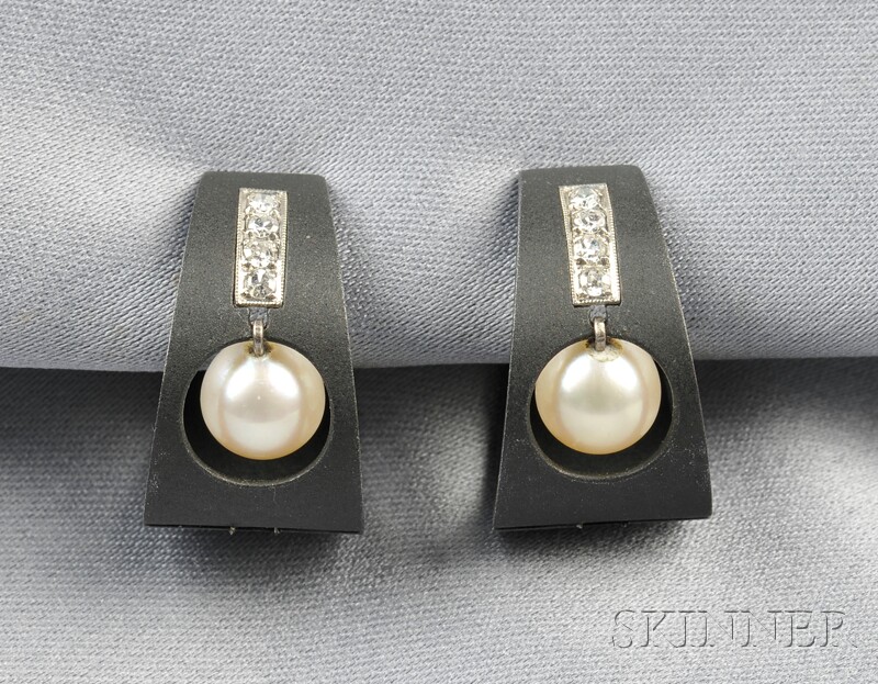 Appraisal: Patinated Steel kt White Gold Cultured Pearl and Diamond Earclips