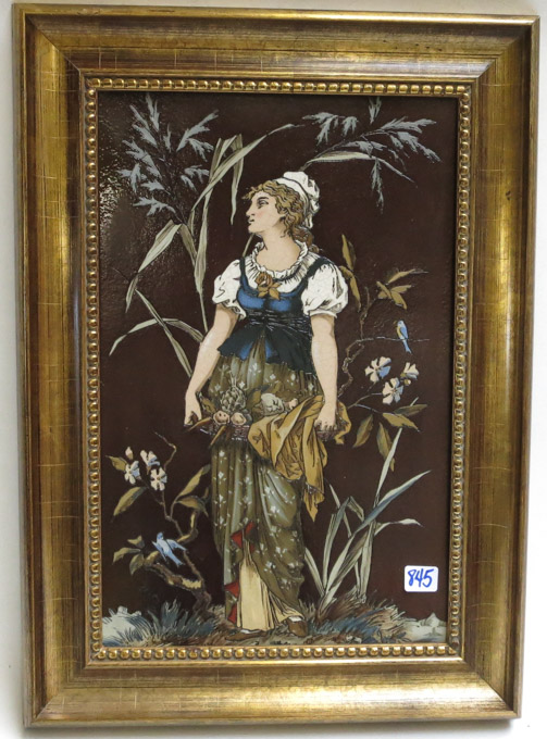 Appraisal: FRAMED METTLACH ETCHED POTTERY PLAQUE Woman Picking Flowers signed Warth