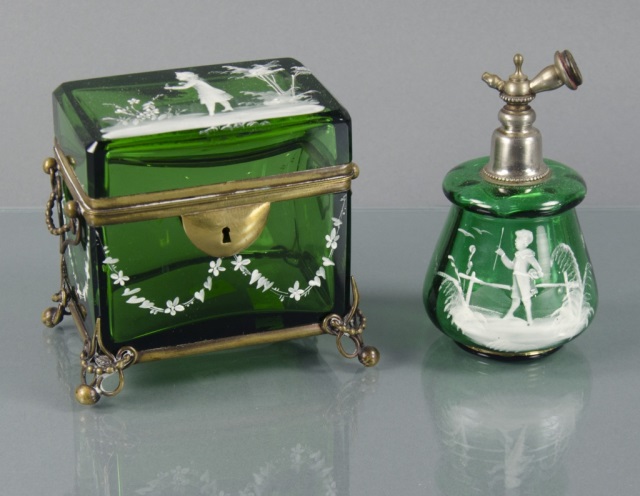 Appraisal: Two Mary Gregory Emerald Green Dresser ItemsIncluding one hinged box