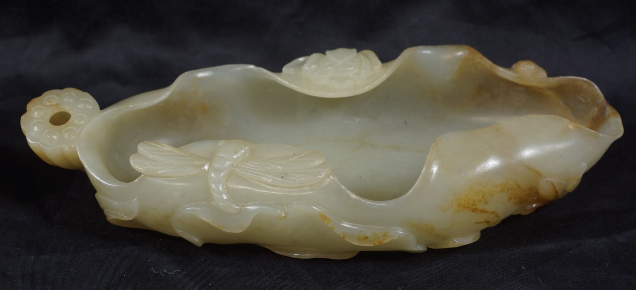 Appraisal: Chinese Carved Jade Water Coupe with lotus dragonflies frog etc