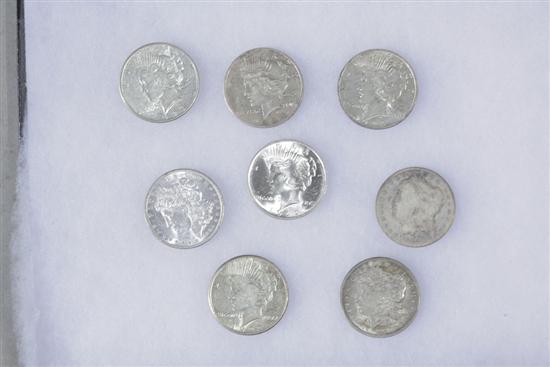 Appraisal: GROUP OF COINS Including eight silver dollars five peace dollars