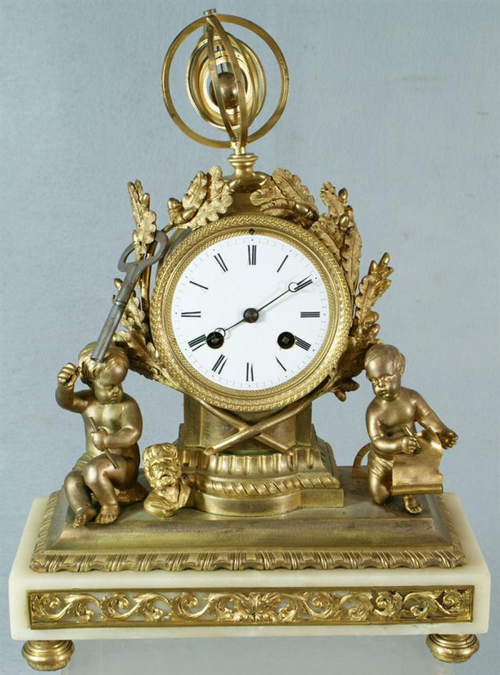 Appraisal: Figural bronze and alabaster French mantle clock porcelain dial Japy