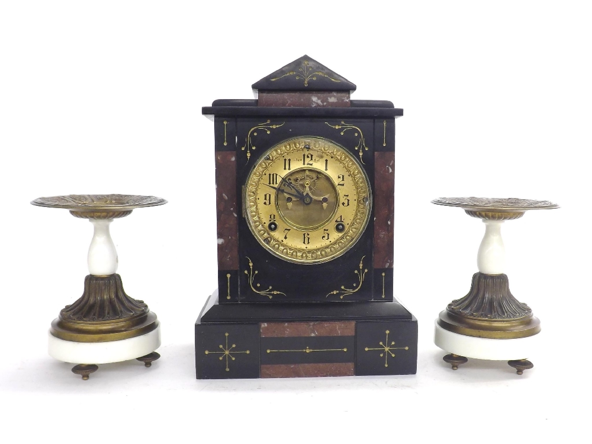 Appraisal: French black slate and red marble two train mantel clock