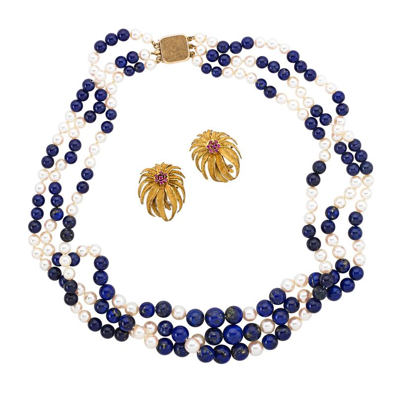 Appraisal: LAPIS PEARL NECKLACE AND GOLD RUBY EAR CLIPS Condition Report