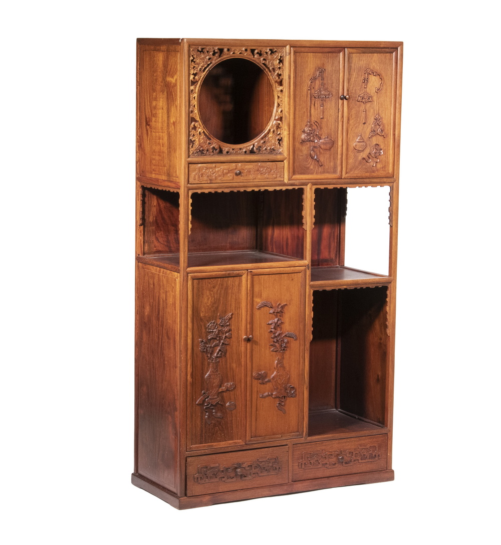 Appraisal: CHINESE DISPLAY CABINET Carved Hongmu Wood Cabinet circa s fitted