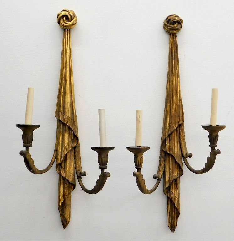 Appraisal: PR French Gilt Carved Wood Acanthus Leaf Sconces France th