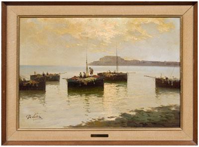 Appraisal: Italian School painting fishing boats at sunrise signed lower left