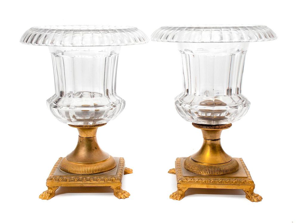 Appraisal: A Pair of French Gilt Bronze and Glass Urns Height