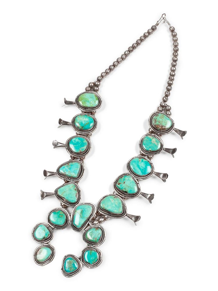 Appraisal: Navajo Silver and Turquoise Squash Blossom Necklace overall length inches