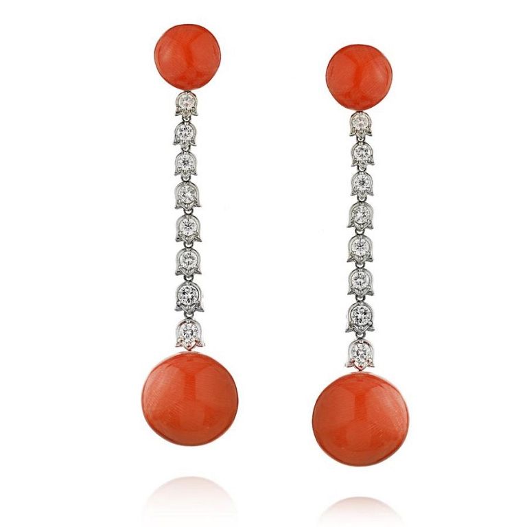 Appraisal: PLATINUM CORAL DIAMONDS HANGING EARRINGS Description A pair of drop