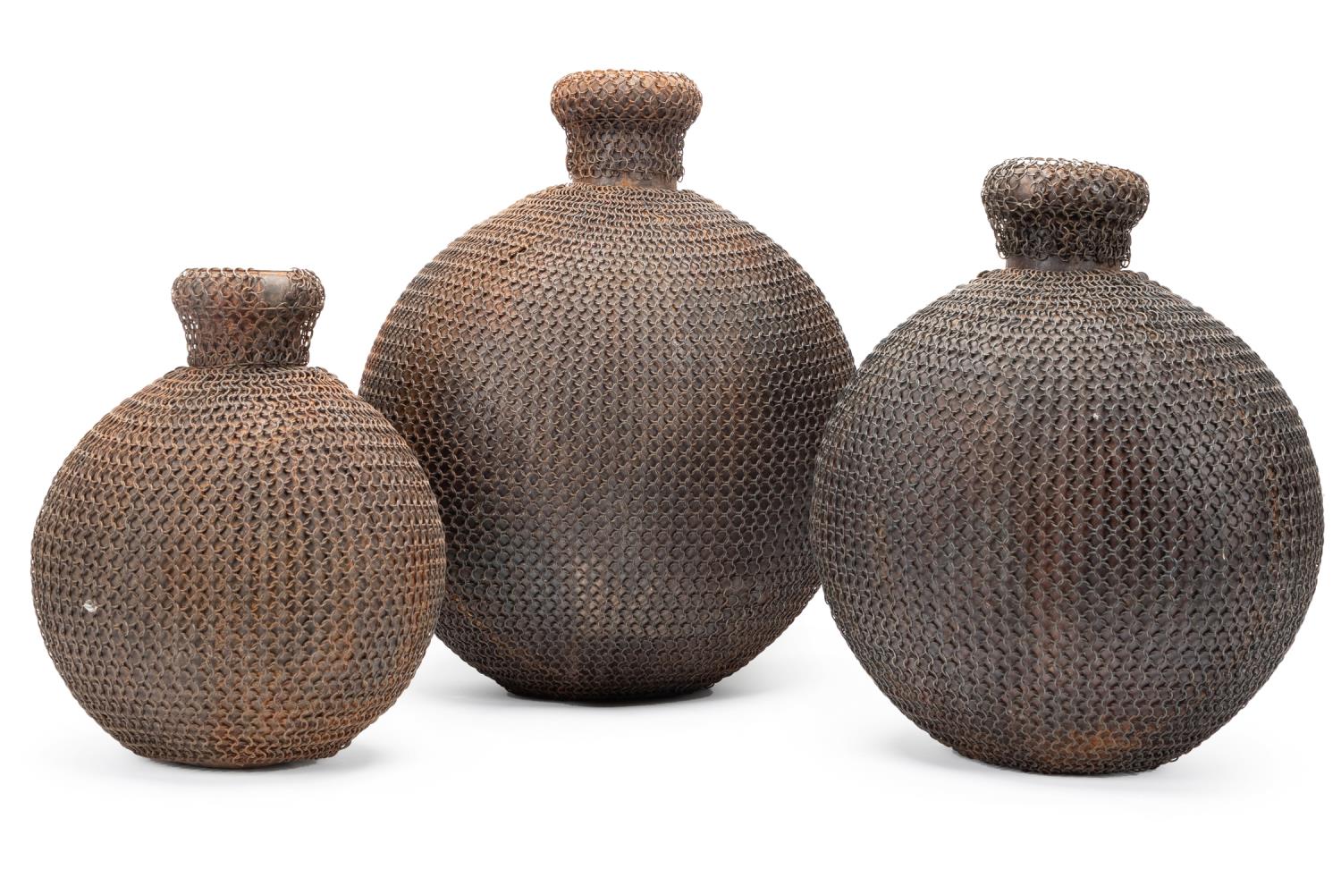 Appraisal: THREE ASIAN CHAIN MAIL COVERED METAL VESSELS Three Asian chain