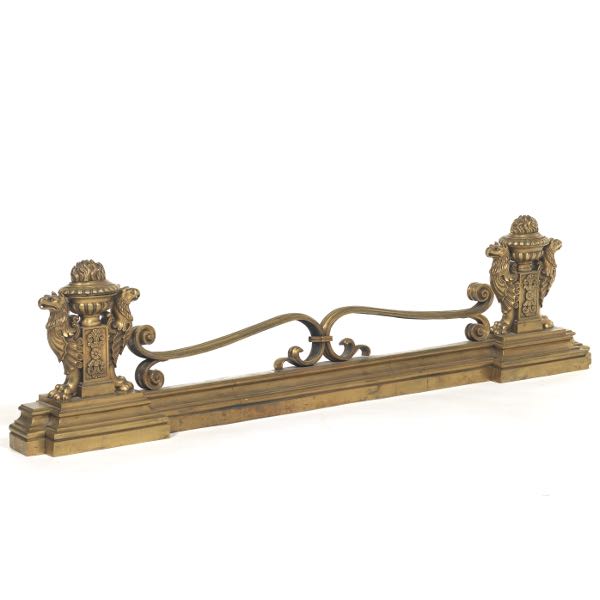 Appraisal: ANTIQUE FRENCH EMPIRE PATINATED ORMOLU BRONZE GRIFFINS ADJUSTABLE FIREPLACE FENDER