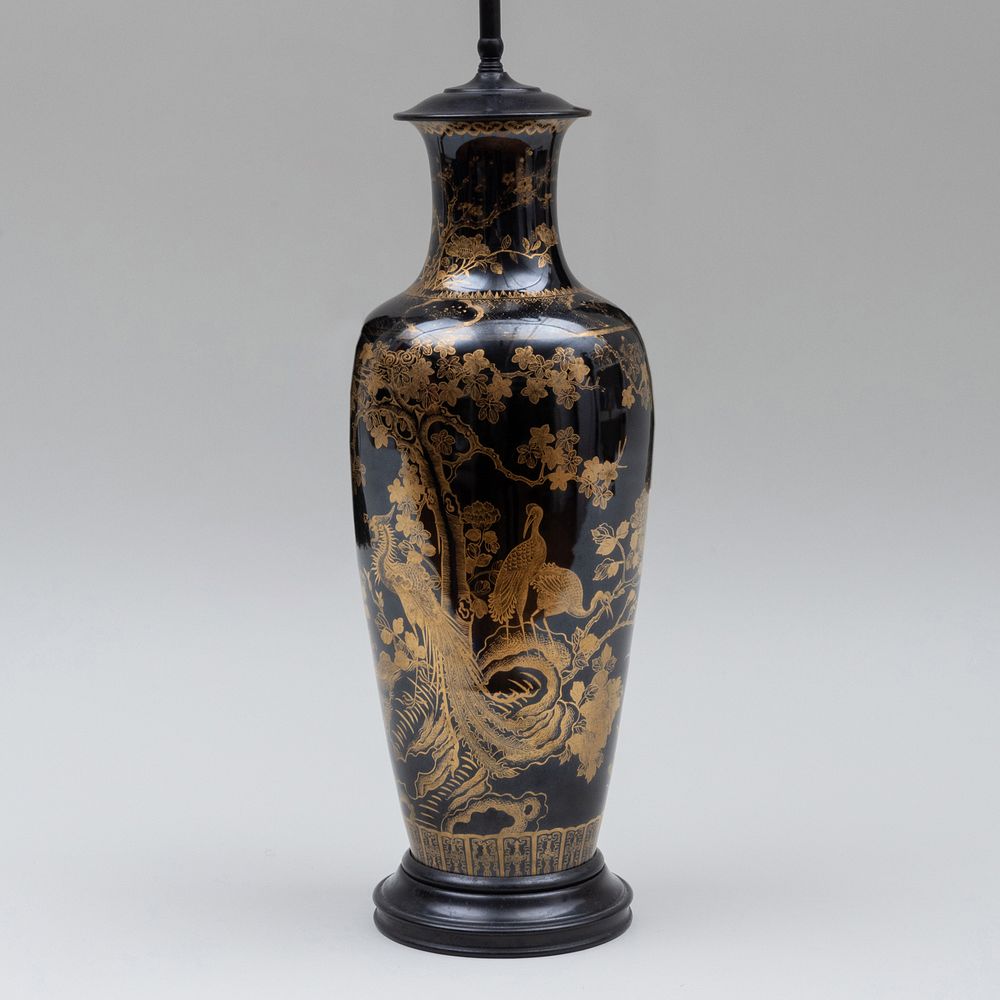 Appraisal: Chinese Gilt-Decorated Black Glazed Porcelain Vase Mounted as a Lamp