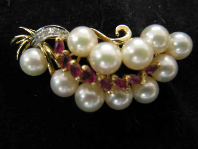 Appraisal: Pearl Diamond ruby Brooch high grade pearls to mm rubies